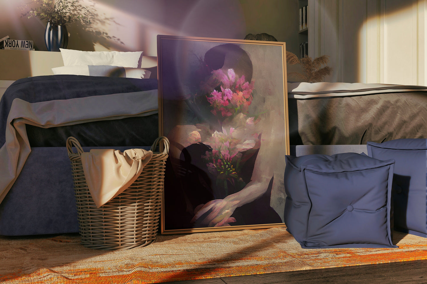 a painting of a woman holding a bouquet of flowers