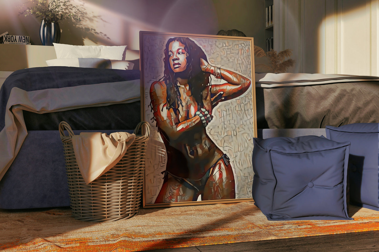 a bed room with a picture of a woman on the wall