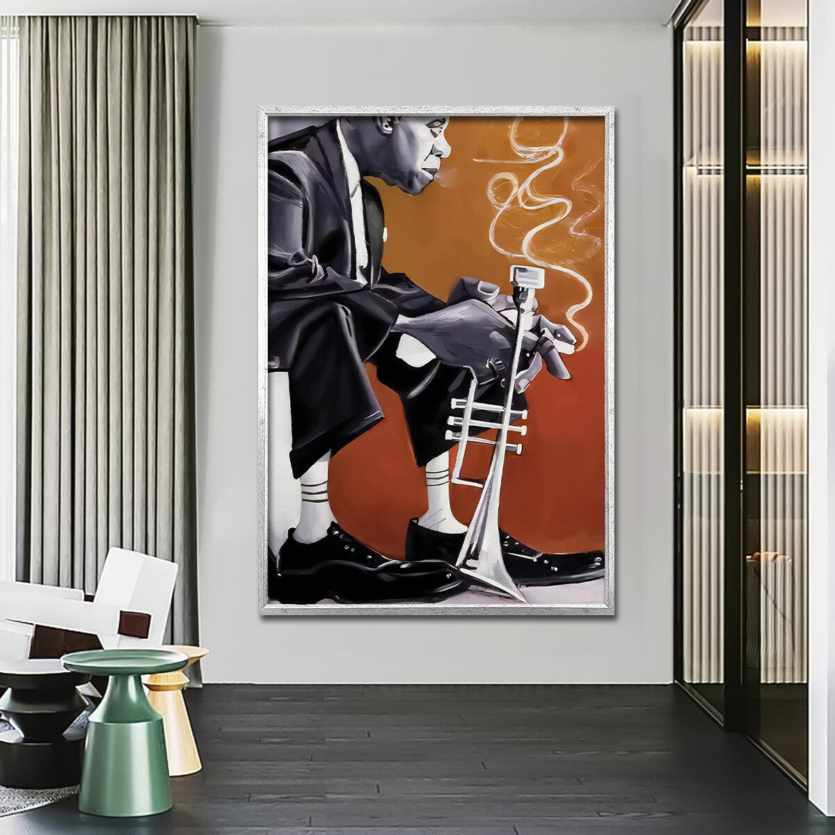 a painting of a man sitting on a chair