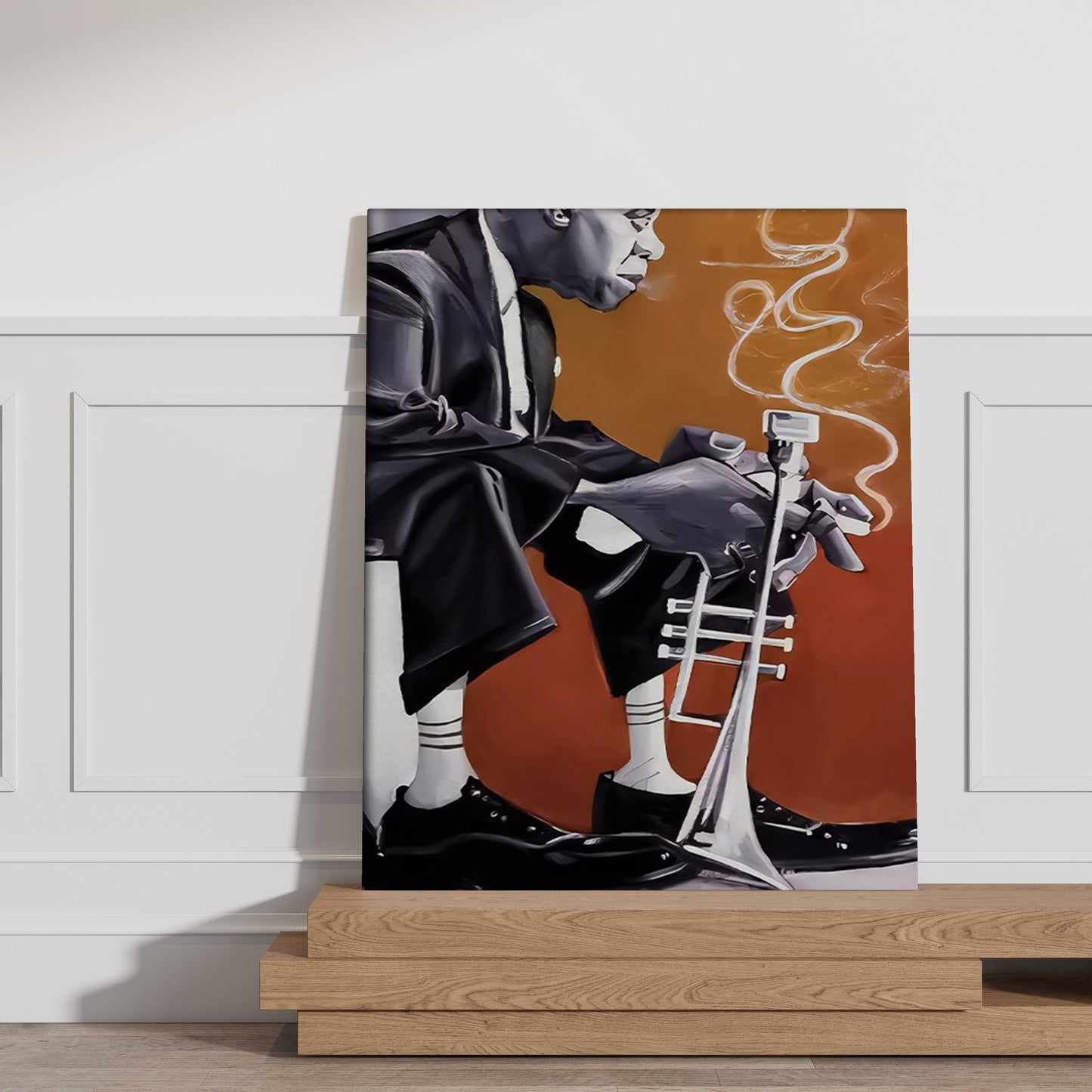 a painting of a man playing a trumpet