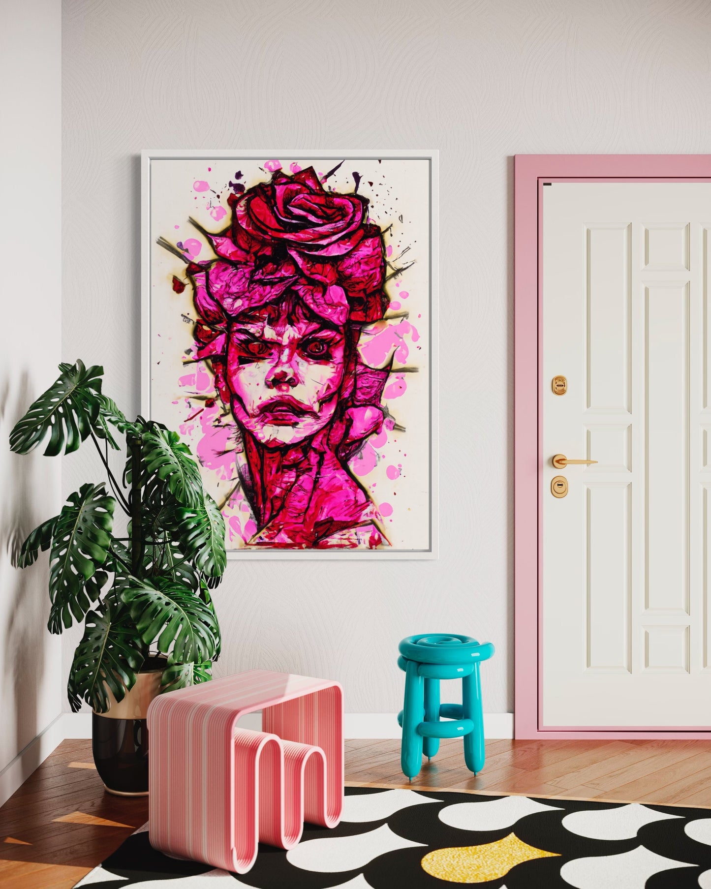 Angry Woman With Rose Head, Red-Pink Rose, Flower Head, Flower Canvas, Angry Art, Rose Art Print
