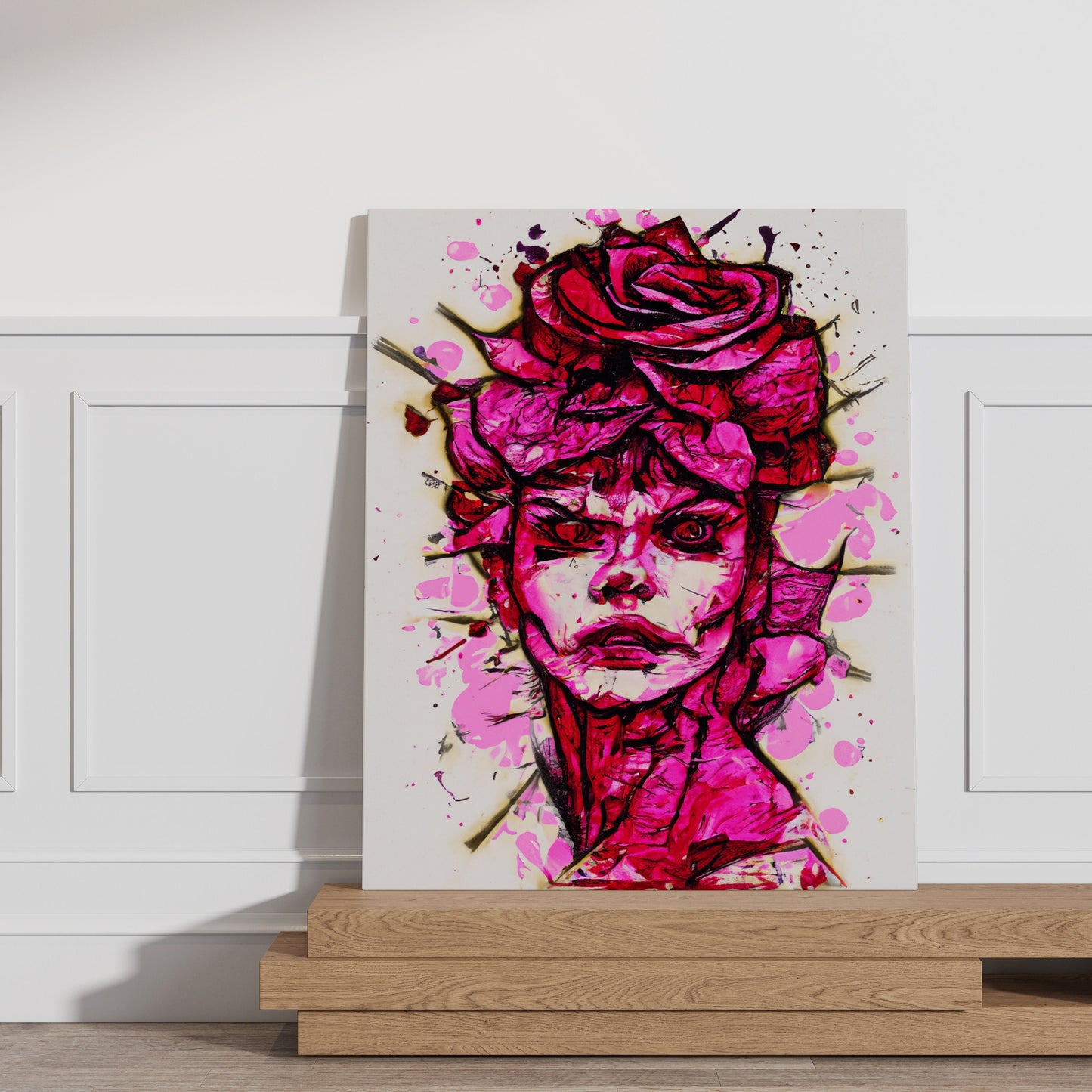 Angry Woman With Rose Head, Red-Pink Rose, Flower Head, Flower Canvas, Angry Art, Rose Art Print