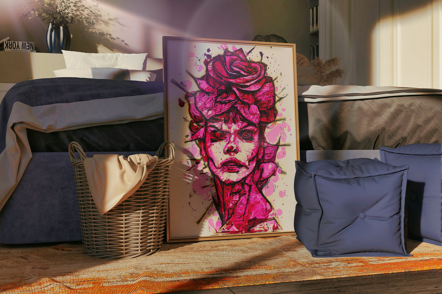 Angry Woman With Rose Head, Red-Pink Rose, Flower Head, Flower Canvas, Angry Art, Rose Art Print