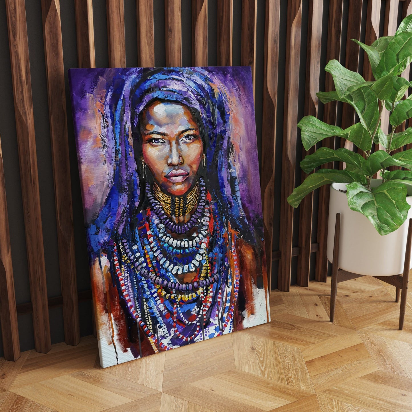 African Woman Art, African Woman Canvas, Blue Accessory, African American Beauty, Ethnic Canvas Print,Canvas Wall Decor