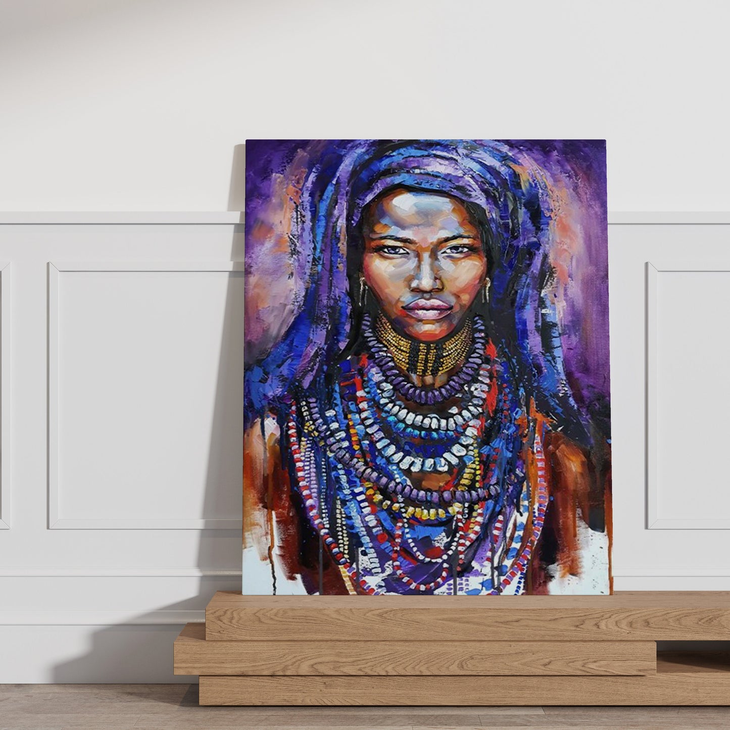 African Woman Art, African Woman Canvas, Blue Accessory, African American Beauty, Ethnic Canvas Print,Canvas Wall Decor