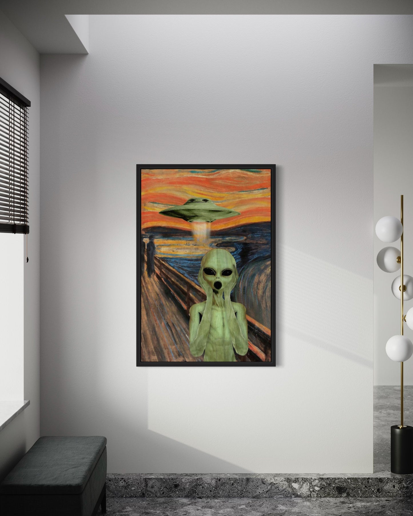Alien Canvas, UFO Wall Art Poster, Outer Space Wall Decor, Alien Screaming Poster, Green Alien, UFO Abduction Art, Sci-fi Home Decoration
