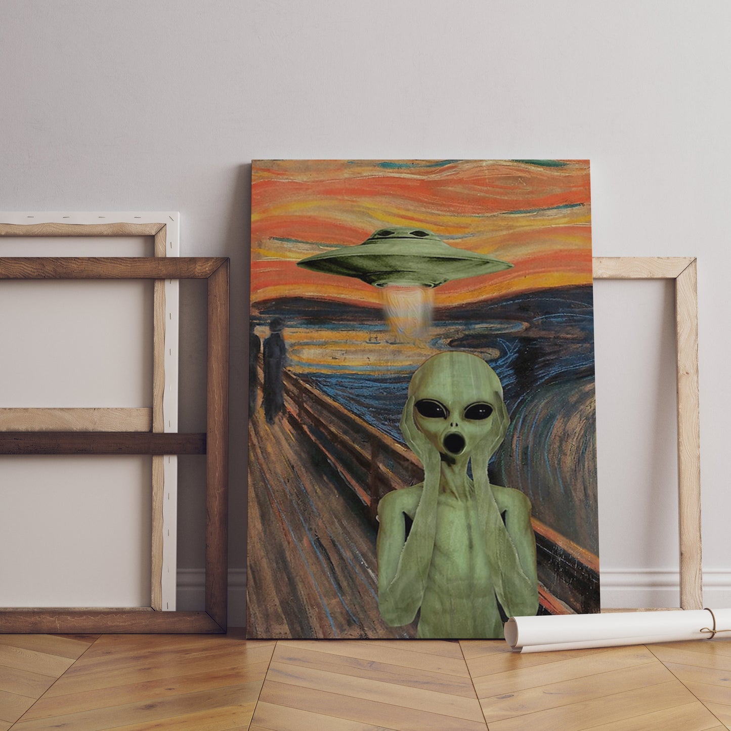 Alien Canvas, UFO Wall Art Poster, Outer Space Wall Decor, Alien Screaming Poster, Green Alien, UFO Abduction Art, Sci-fi Home Decoration