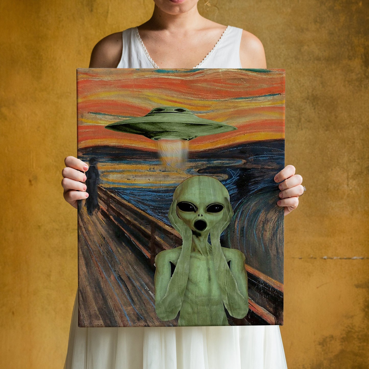 Alien Canvas, UFO Wall Art Poster, Outer Space Wall Decor, Alien Screaming Poster, Green Alien, UFO Abduction Art, Sci-fi Home Decoration