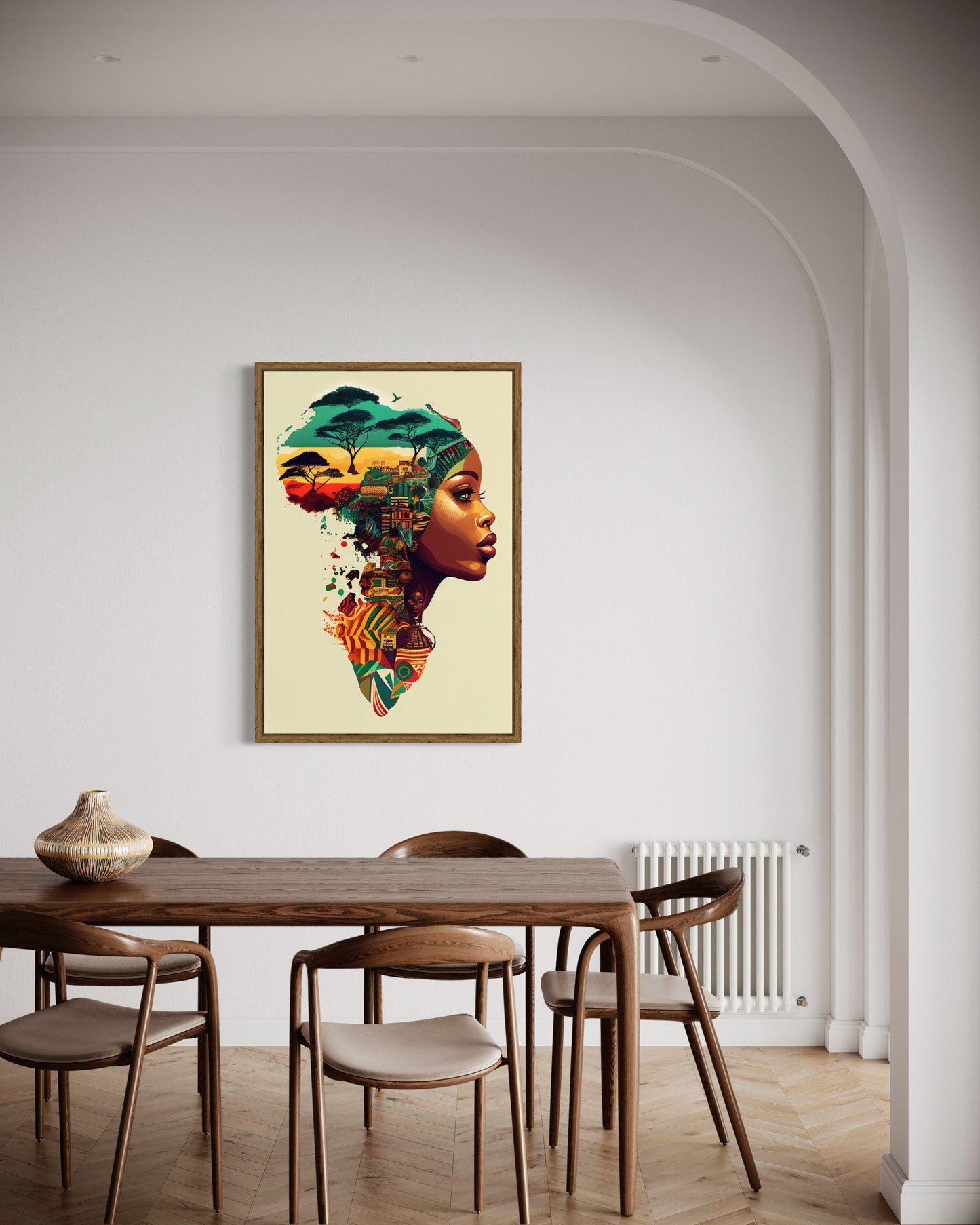 a picture of a woman's face on a wall above a table