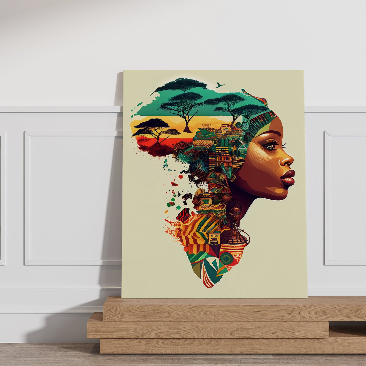 a painting of a woman's head with trees on it