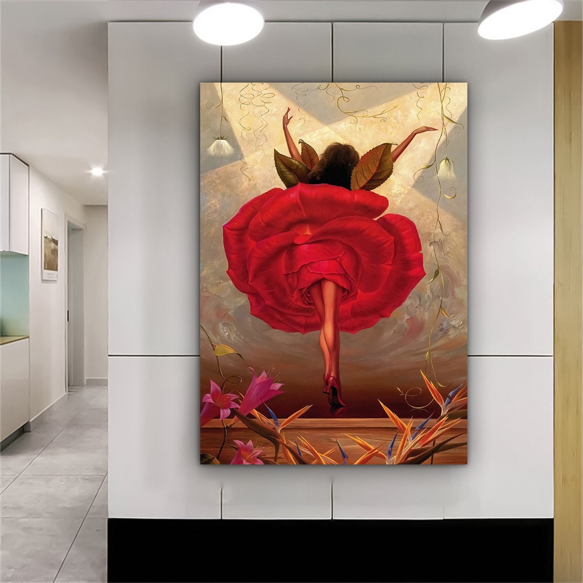 Abstract Rose Pattern Ballerina Canvas Wall Art, Surreal Art Print, Abstract Surrealism Decor, Ballerina Canvas, Woman Decor