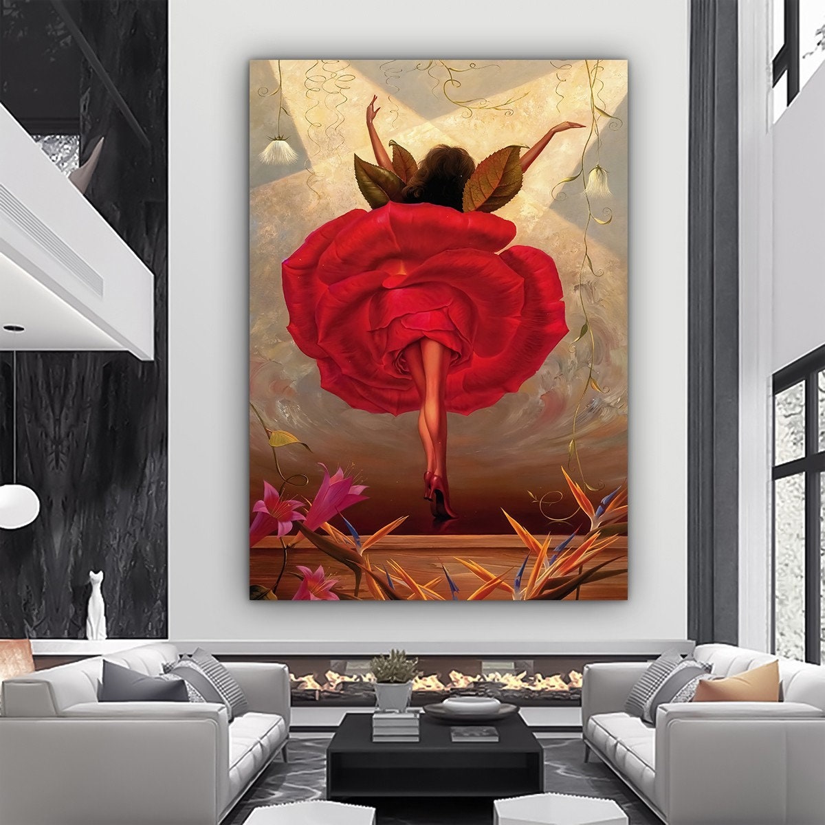Abstract Rose Pattern Ballerina Canvas Wall Art, Surreal Art Print, Abstract Surrealism Decor, Ballerina Canvas, Woman Decor