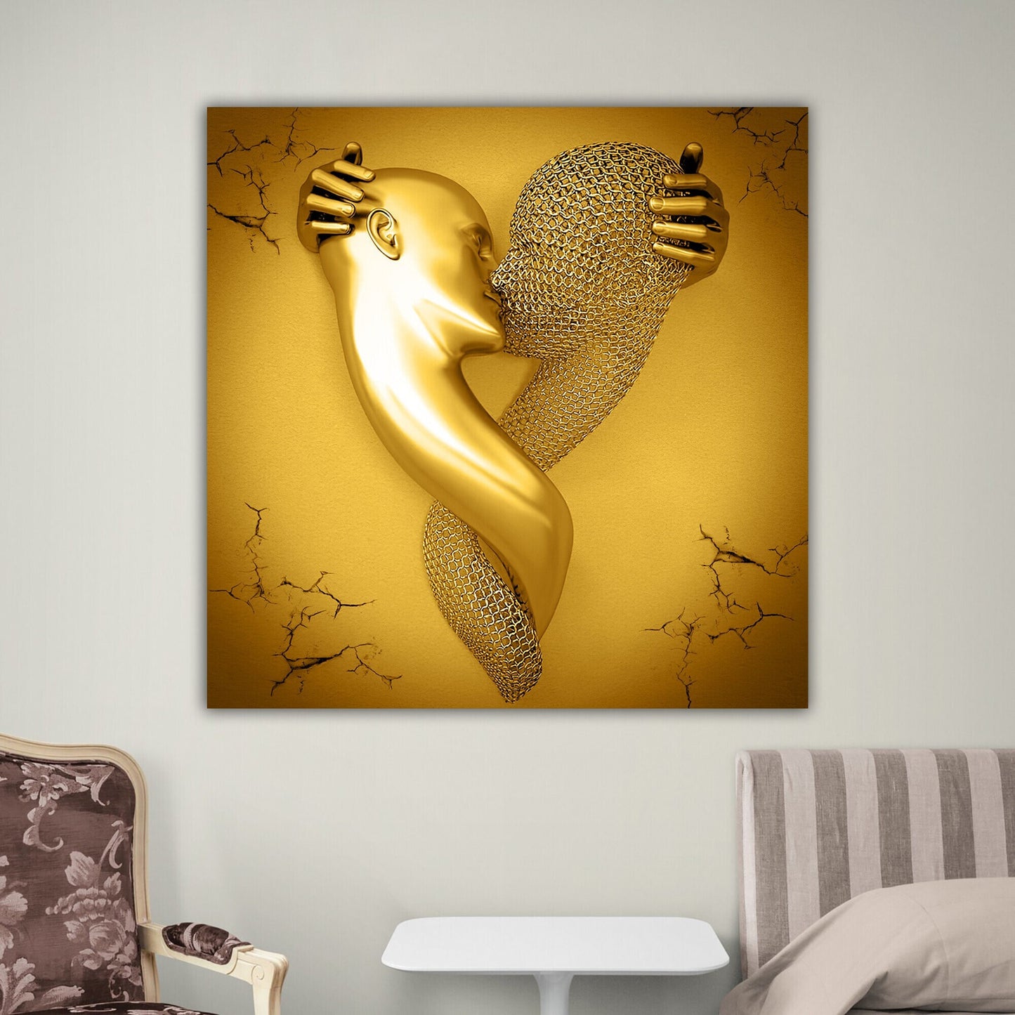 Abstract Romantic Couple Wall Poster, Kissing Couple Canvas Painting, Couple In Love Wall Decoration, Love Art, Romantic Gold Wall Print
