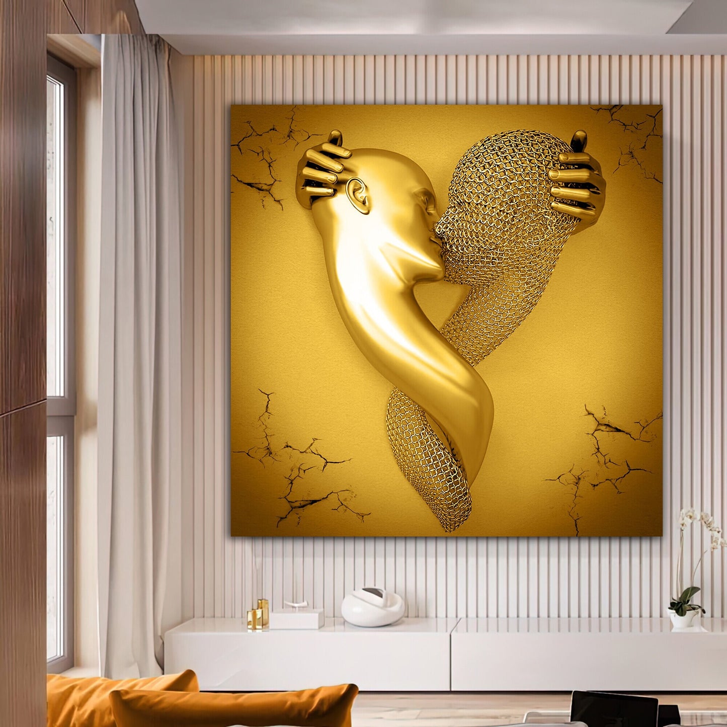 Abstract Romantic Couple Wall Poster, Kissing Couple Canvas Painting, Couple In Love Wall Decoration, Love Art, Romantic Gold Wall Print