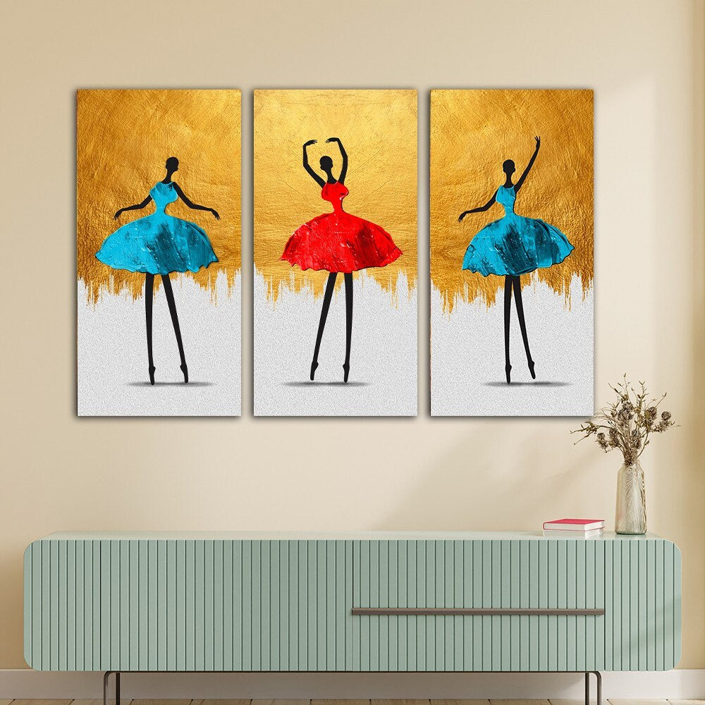three paintings of a woman with a red dress and a blue dress