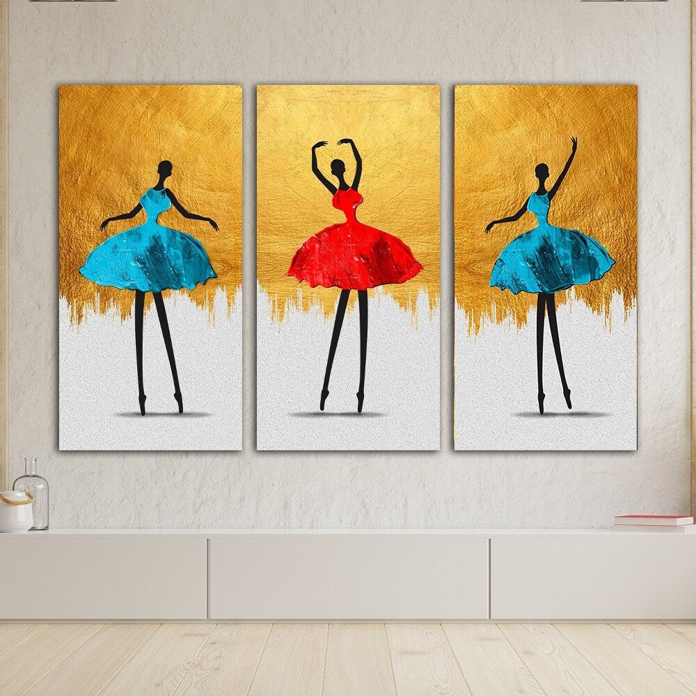 three paintings of a woman with a red dress and a blue dress