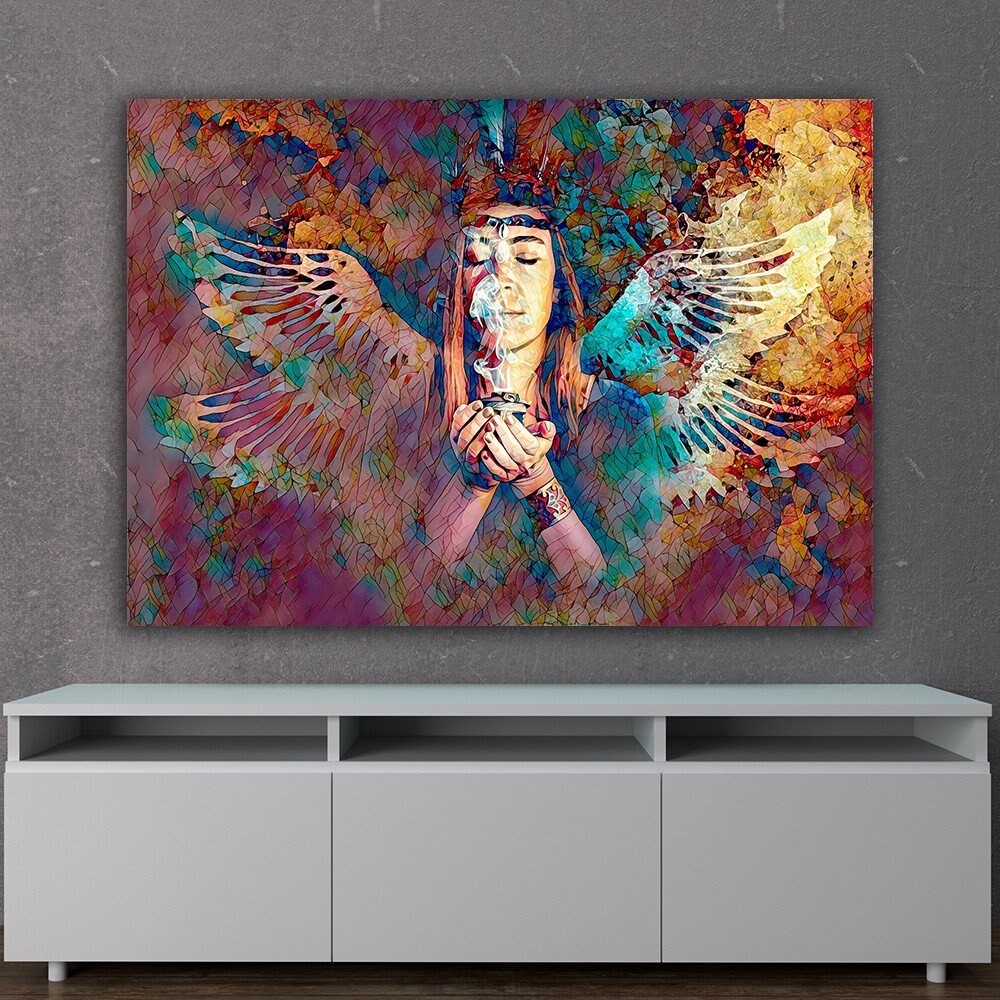 a painting of a woman with wings on a wall