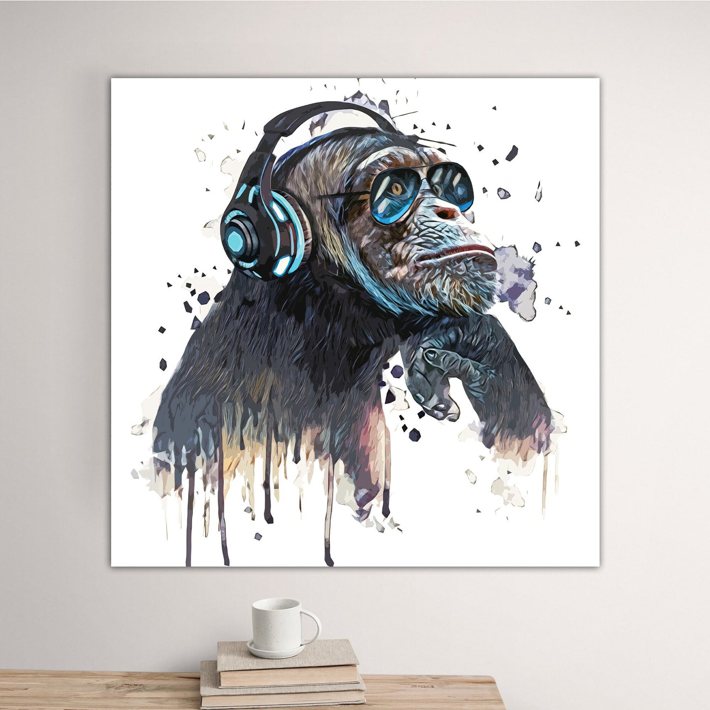 a painting of a monkey wearing headphones
