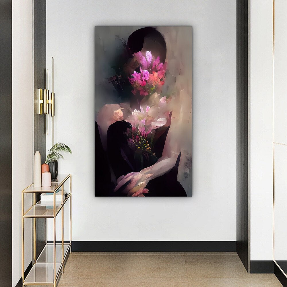 a painting of a woman holding a bouquet of flowers