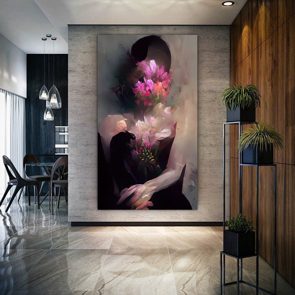 a painting of a woman holding a bouquet of flowers