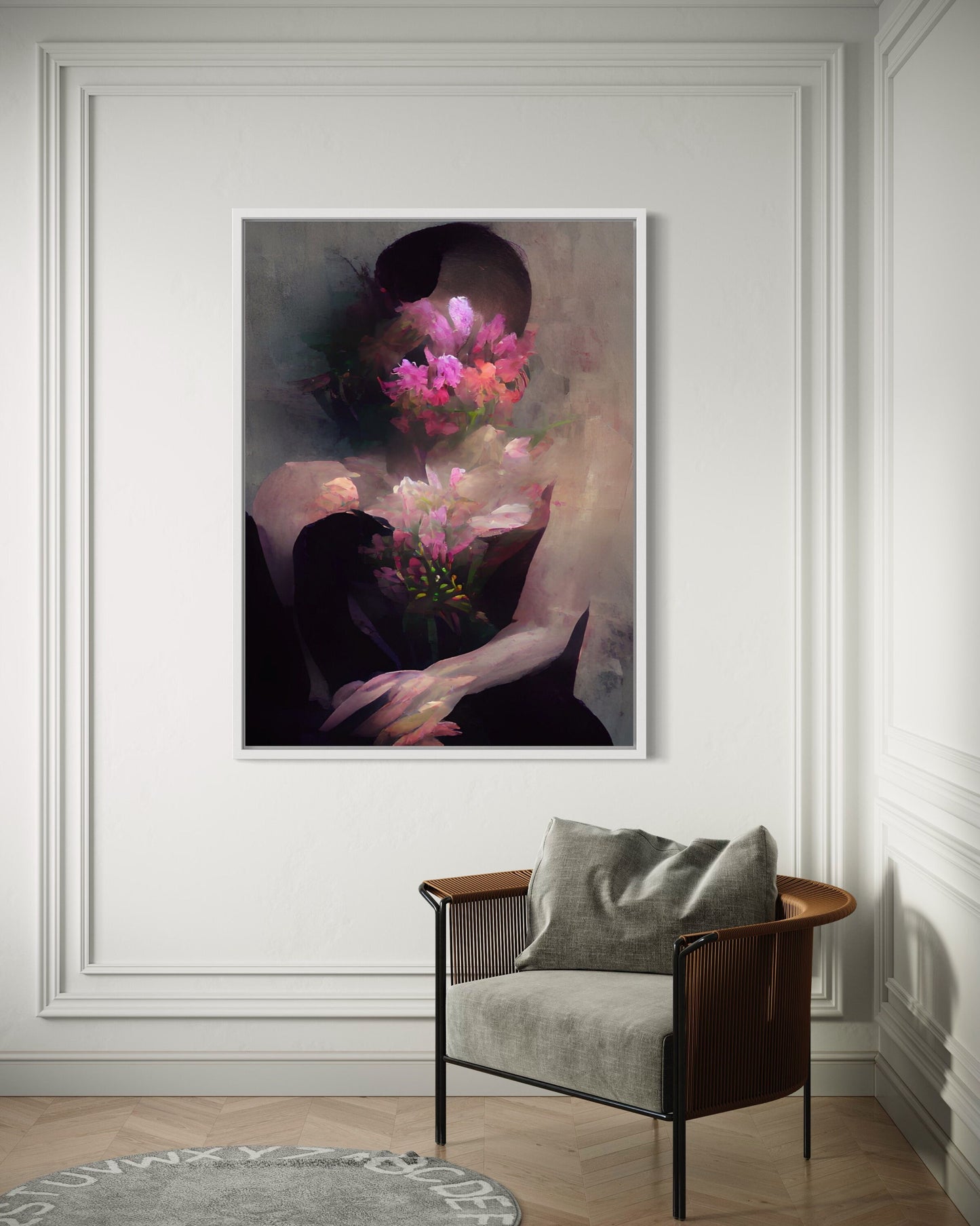 a painting of a woman holding a bouquet of flowers