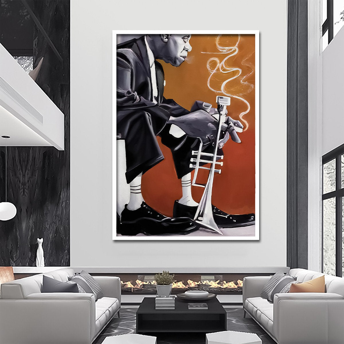 a living room with a couch and a painting on the wall