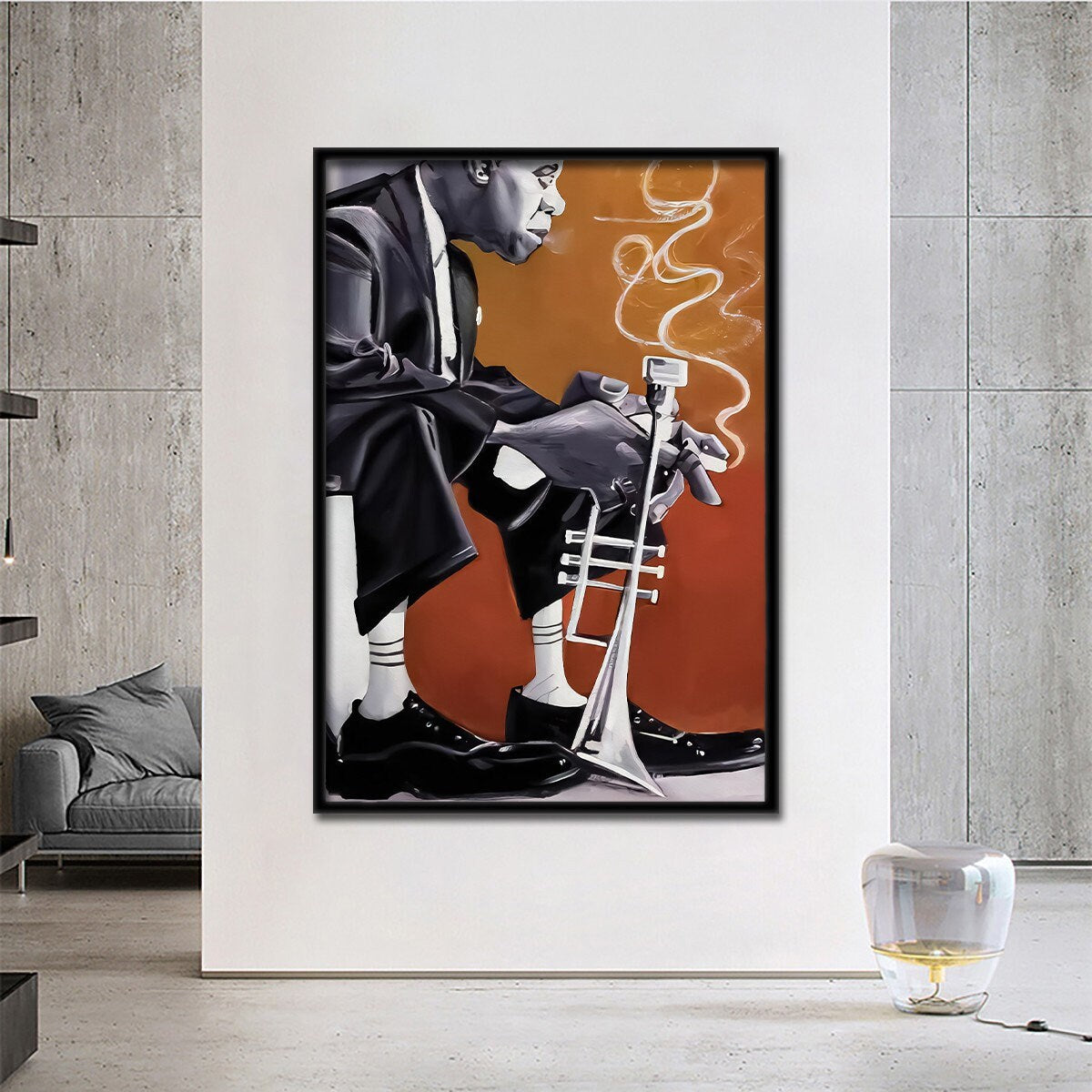 a painting of a man playing a trumpet