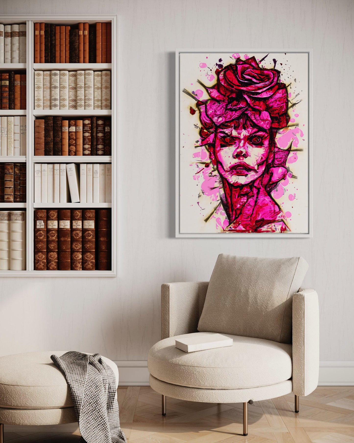 a living room with a chair and a painting on the wall