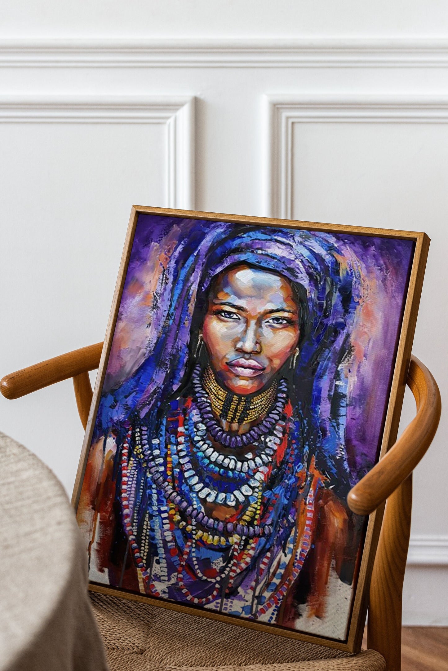 African Woman Art, African Woman Canvas, Blue Accessory, African American Beauty, Ethnic Canvas Print,Canvas Wall Decor