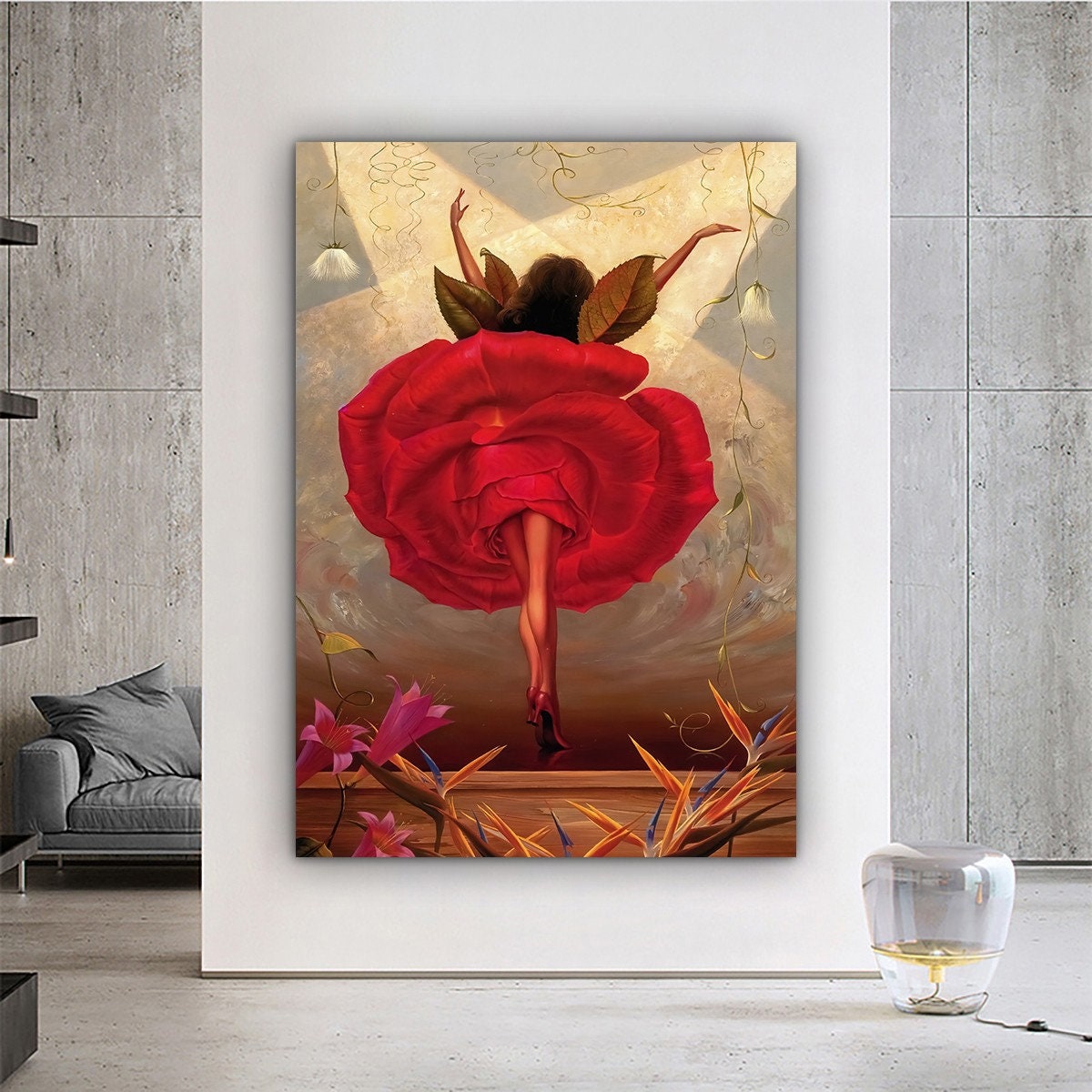 Abstract Rose Pattern Ballerina Canvas Wall Art, Surreal Art Print, Abstract Surrealism Decor, Ballerina Canvas, Woman Decor