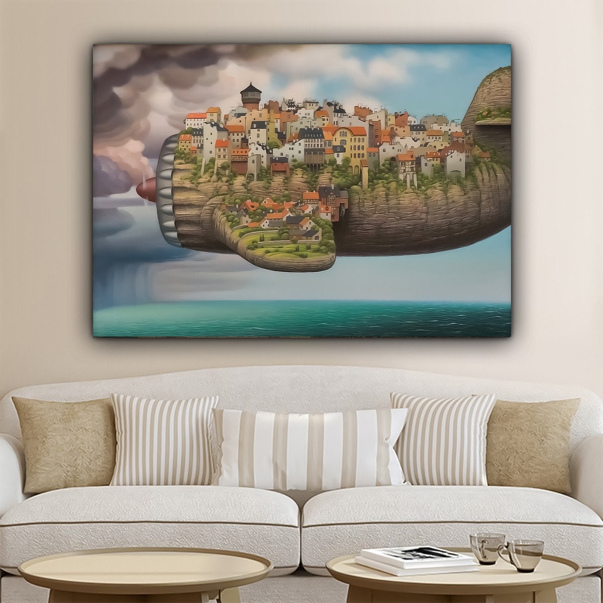 a living room with a couch and a painting on the wall