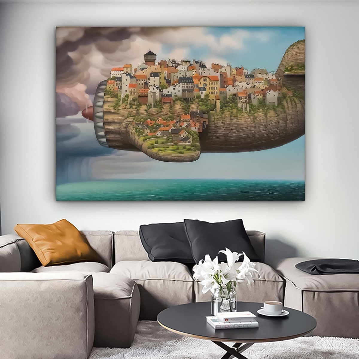 a living room with a couch and a painting on the wall