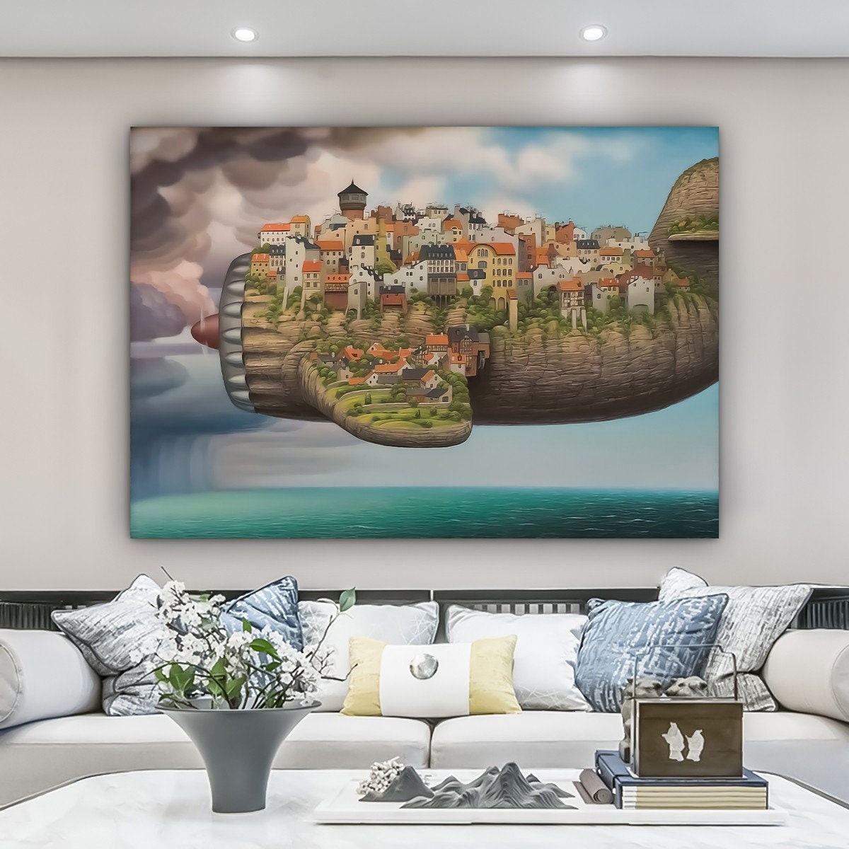 a living room with a large painting on the wall