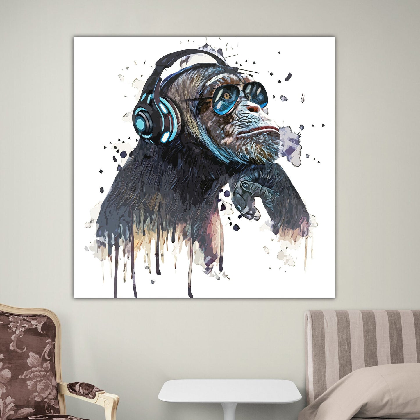 a painting of a monkey wearing headphones