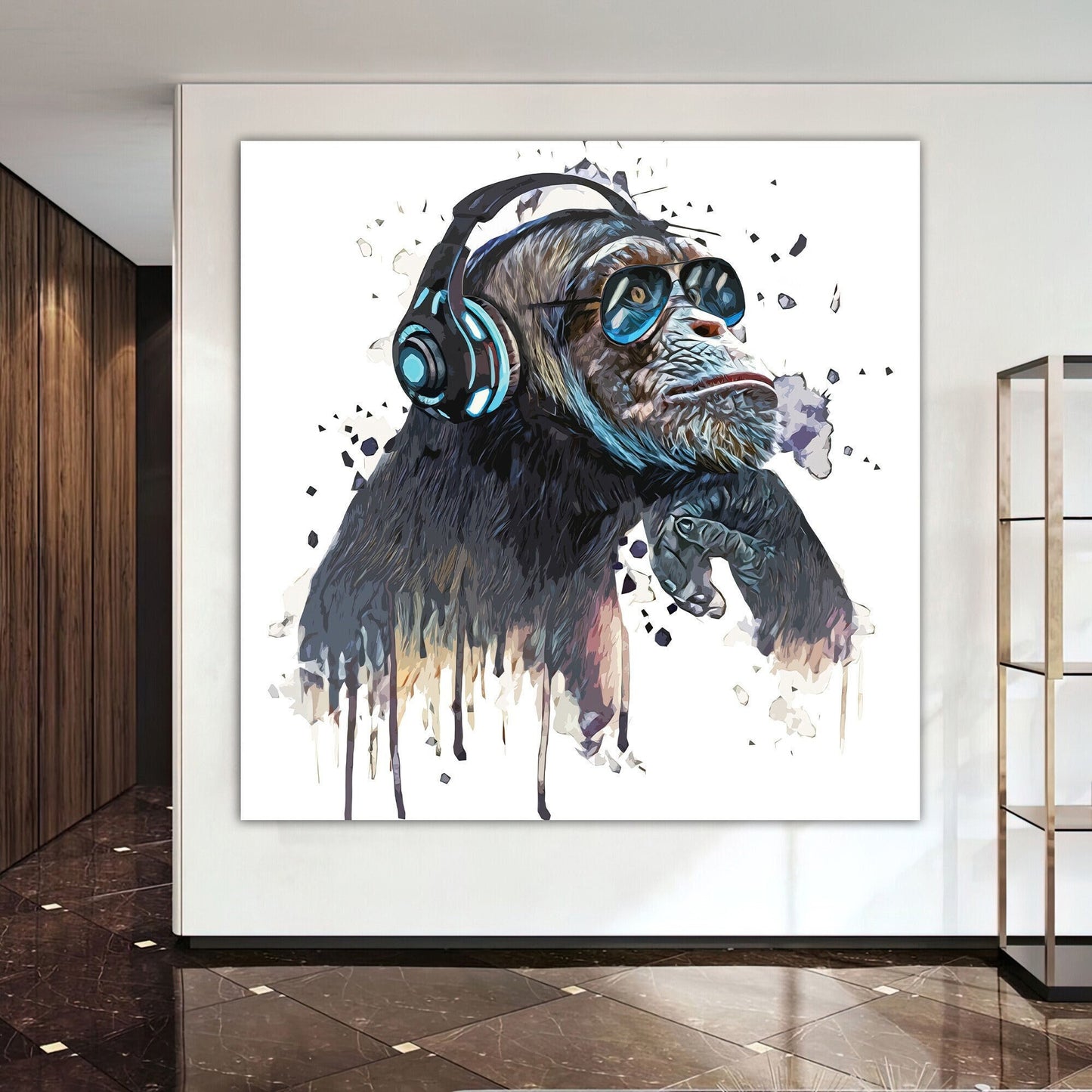 a painting of a monkey wearing headphones