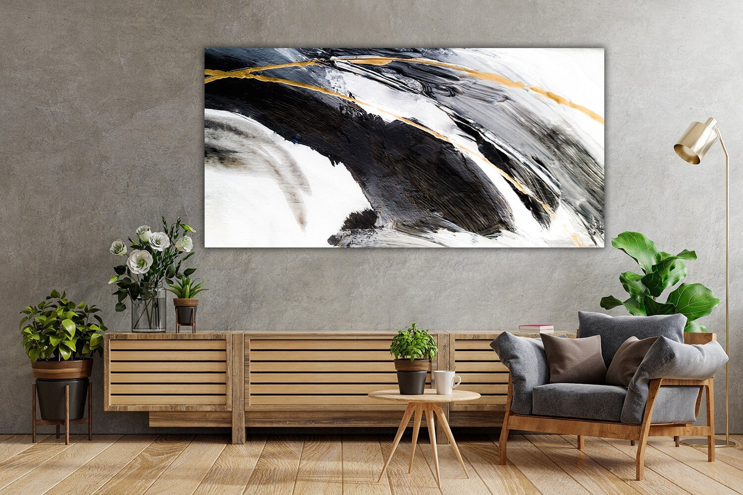 a living room with a couch and a painting on the wall