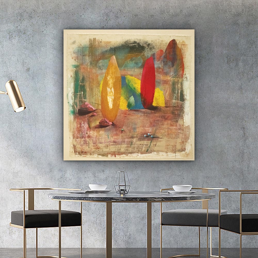 a dining room with a table and chairs and a painting on the wall
