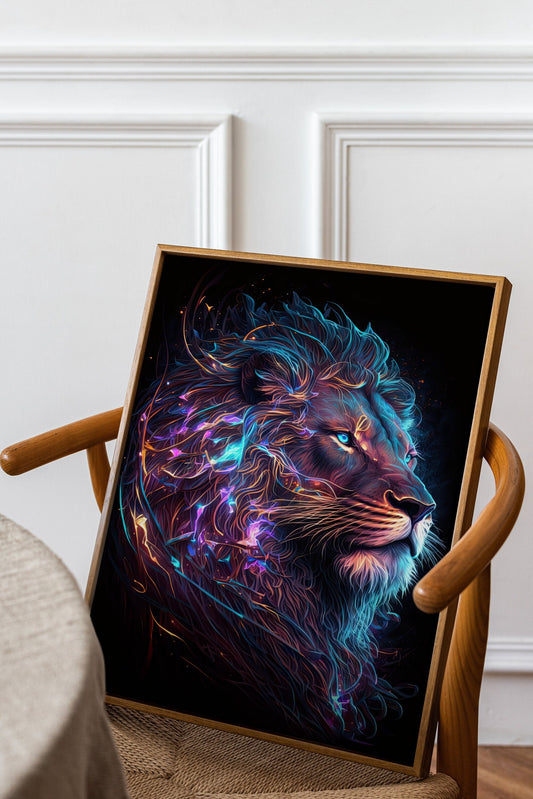 Abstract Neon Light Lion Art Design Glowing Background Canvas, Wall Art Canvas, Canvas Print, Minimalist Home Decor, Modern Art Paintings