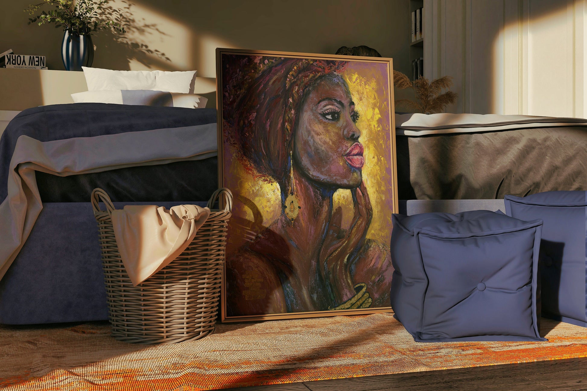 a painting of a woman next to pillows and a basket