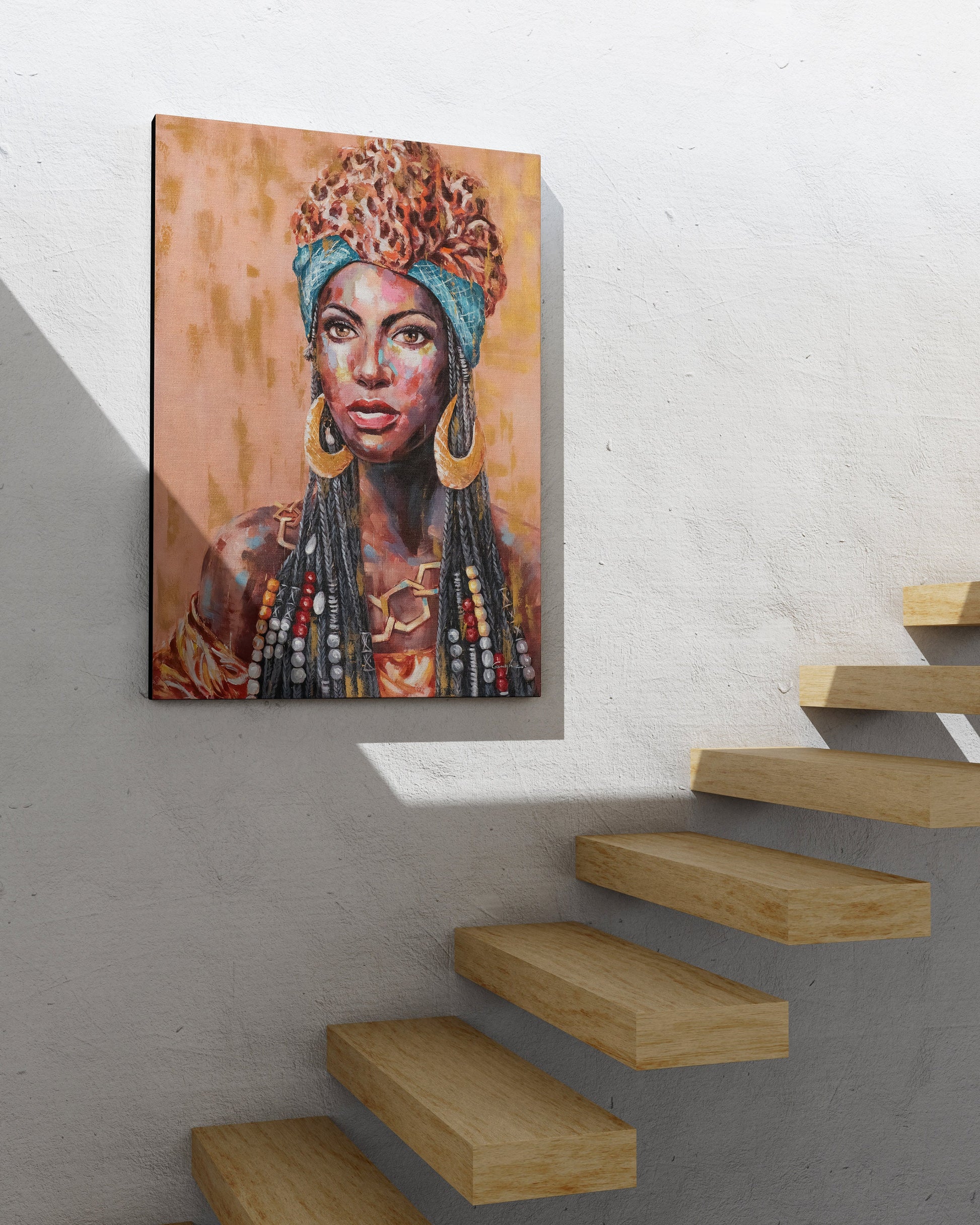 a painting of a woman in a headdress on a wall