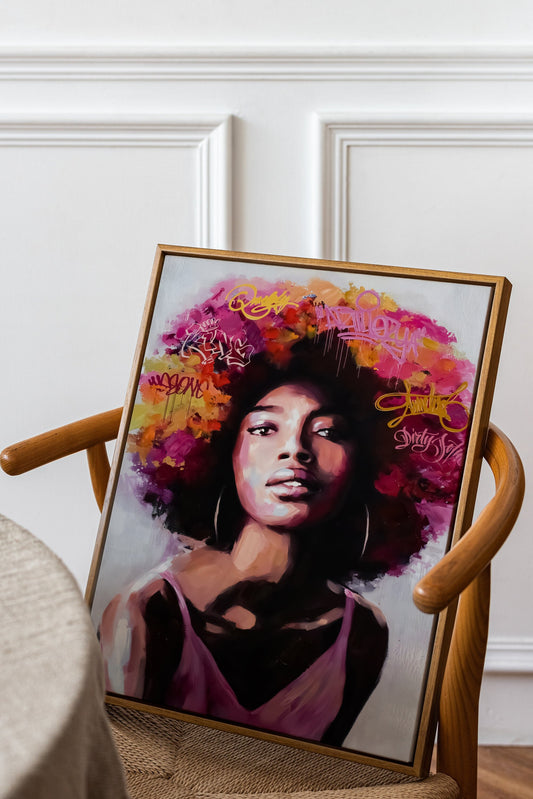 Afro Woman With Bonus Heads Written Inscriptions, African Wall Art, Canvas Print, Modern Art Paintings, People Portraits
