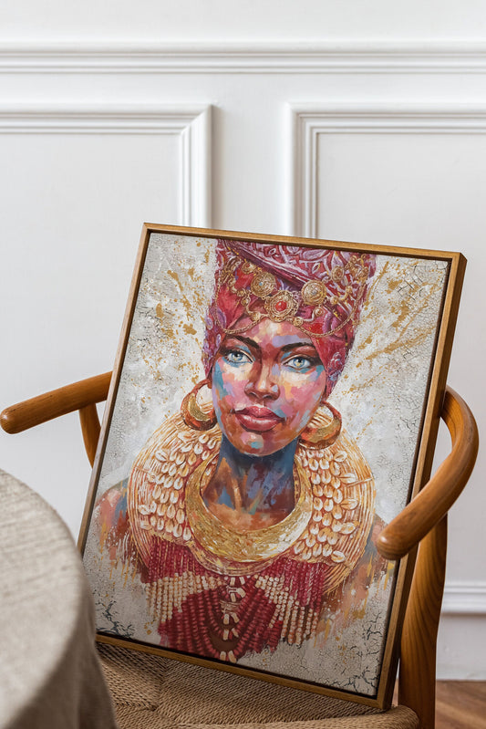 a painting of a woman wearing a red headdress