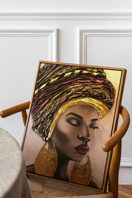 a painting of a woman wearing a headdress on a chair