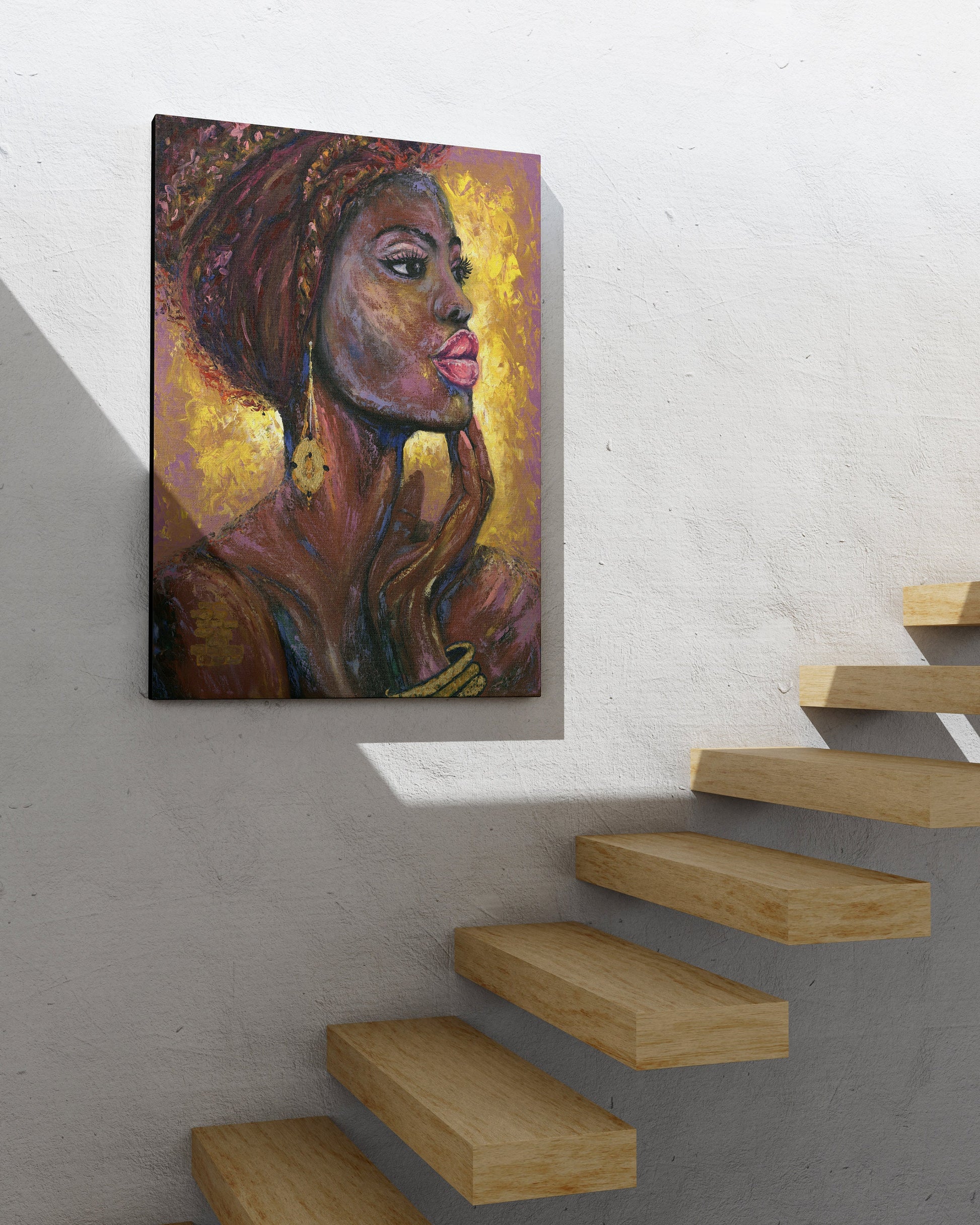 a painting hanging on a wall next to a stair case