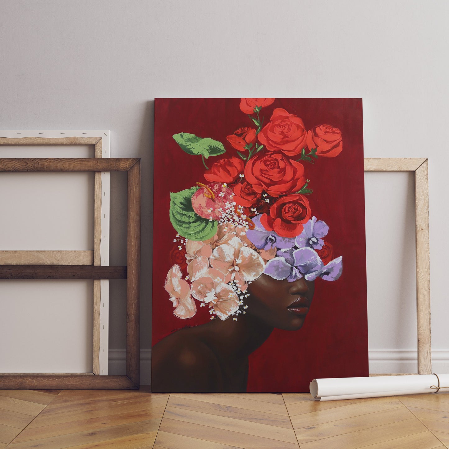 African Woman Covered With Flowers Canvas, Flower Head Woman, Colorful Flowers,  African Woman