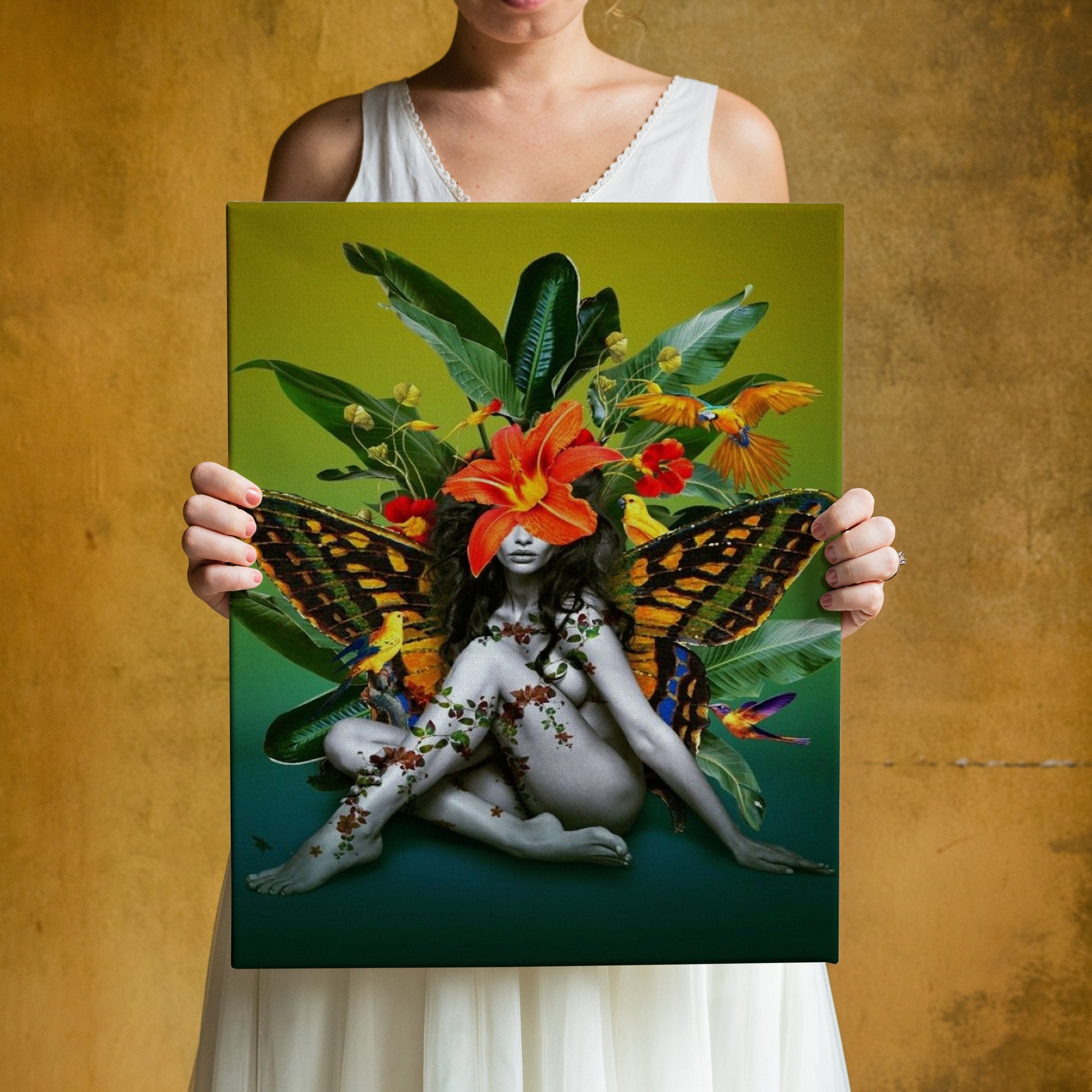 a woman holding up a picture of a butterfly