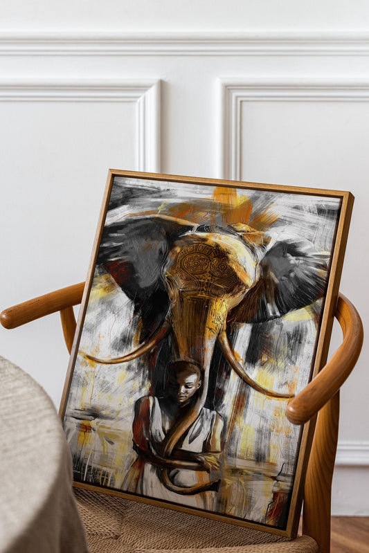 African Woman and Elephant Canvas, Black Woman, Animal Canvas, Black Art Canvas Print, Minimalist Home Decor, Modern Art Paintings