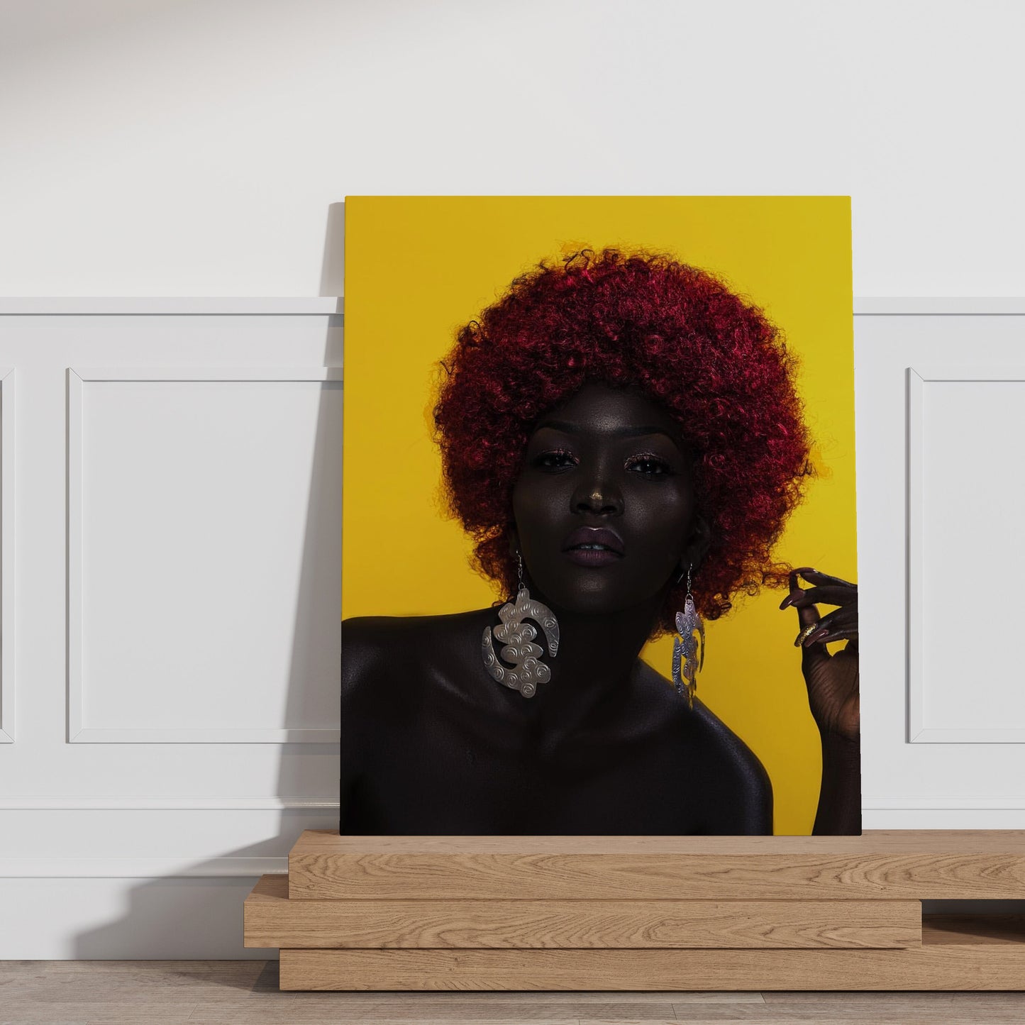 African Woman with Red Hair on Yellow Background Canvas, African Woman Wall Art Canvas, Big Earring, Canvas Print, Minimalist Home Decor