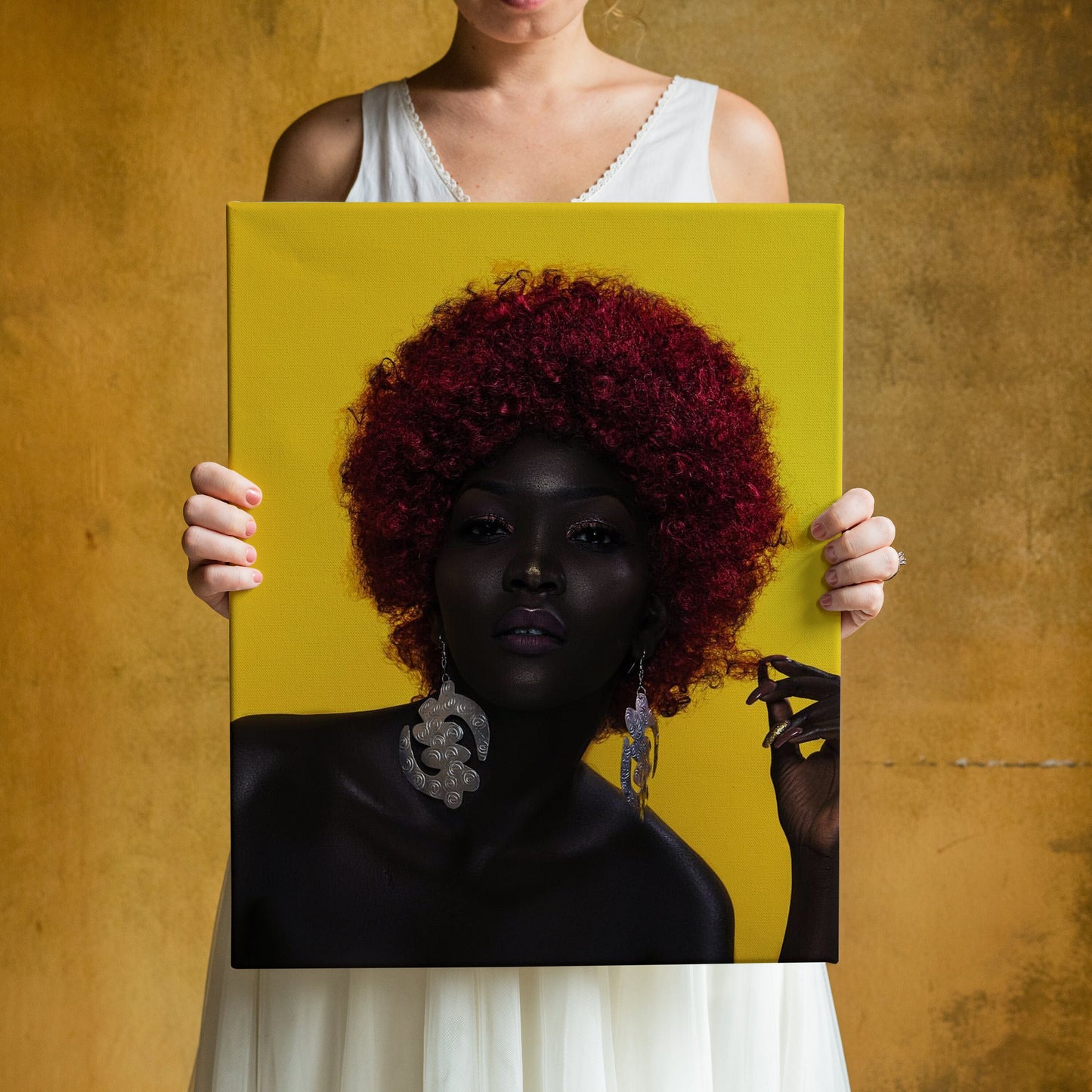 African Woman with Red Hair on Yellow Background Canvas, African Woman Wall Art Canvas, Big Earring, Canvas Print, Minimalist Home Decor