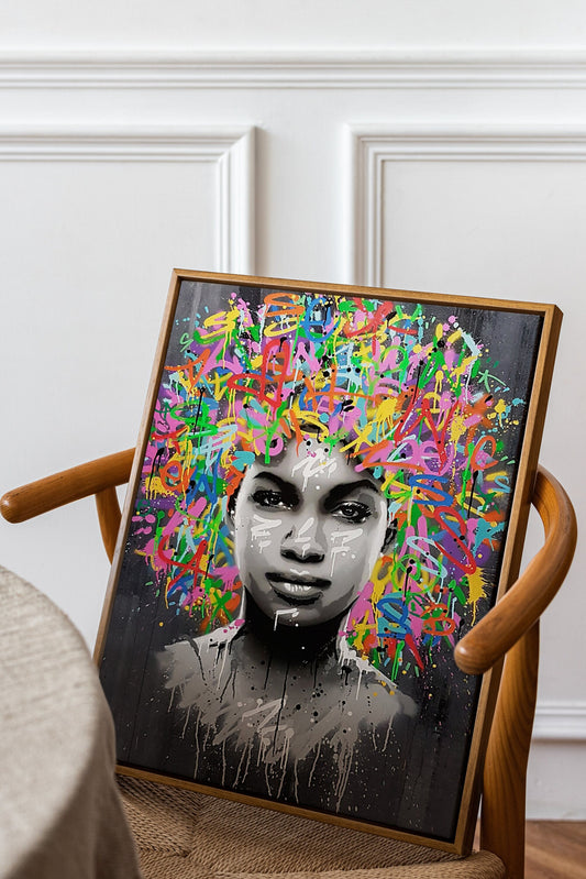 Afro Woman With Bonus Heads Written Inscriptions, African Wall Art, Canvas Print, Modern Art Paintings, People Portraits